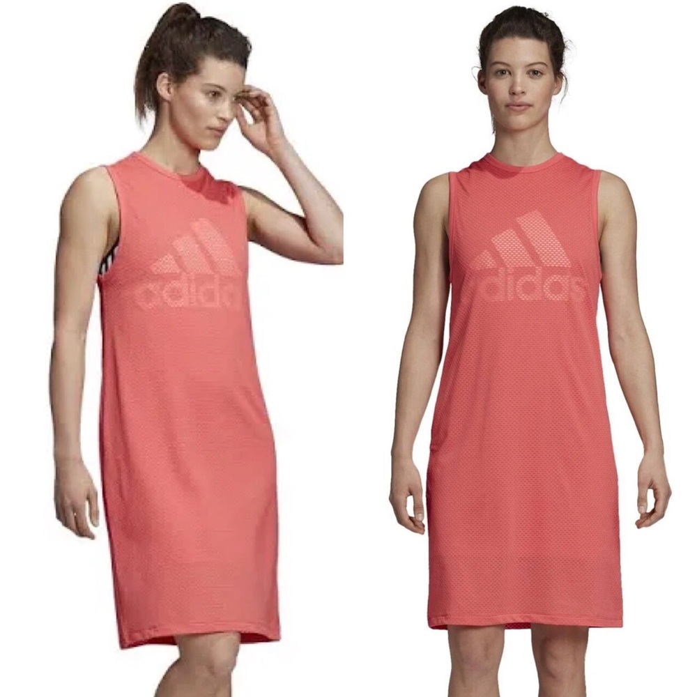 Adidas Activewear Mesh Overlay Logo Loose Fit Sleeveless Coral Dress size XS